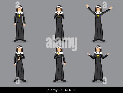 Nun portant l'habitude religieuse de la garbe noire avec la coiffure et collier de croix. Ensemble de six caractères de dessin animé vectoriels dans différents gestes isolés sur gr Illustration de Vecteur