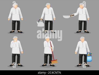 Ensemble de six illustrations vectorielles de vieille dame portant des vêtements amples et des pantalons portant différents articles ménagers. Dessin de personnage de dessin animé isolé sur g Illustration de Vecteur