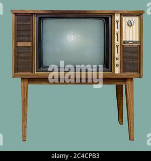 Vintage TV : ancien téléviseur rétro dans une armoire en bois sur fond vert isolé avec un chemin de coupure. Banque D'Images