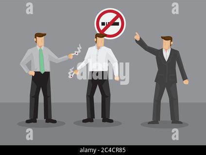 Homme de dessin animé pointant sur l'interdiction de fumer pour les fumeurs prenant la pause-cigarette. Illustration vectorielle de l'interdiction de fumer sur le lieu de travail isolé sur fond gris. Illustration de Vecteur