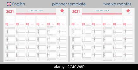 Calendrier du planificateur 2021. Organisateur mural, modèle de planificateur annuel. Illustration vectorielle. Mois verticaux. Deux cartes. Ensemble de 12 mois. Langue anglaise. Illustration de Vecteur