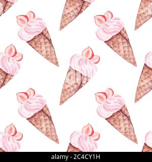 Papier numérique crème glacée à la fraise aquarelle. Clipart d'été à motif sans couture dessiné à la main. Illustration pour le textile, le tissu, la décoration de cuisine. Foo d'été Banque D'Images