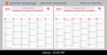 Calendrier du planificateur 2021. Organisateur mural, modèle de planificateur annuel. Illustration vectorielle. Mois verticaux. Deux cartes. Ensemble de 12 mois. Langue espagnole. Illustration de Vecteur