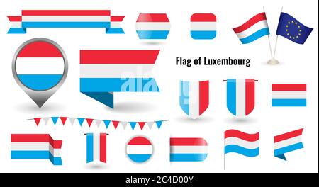 Le drapeau du Luxembourg. Grand ensemble d'icônes et de symboles. Drapeau luxembourgeois carré et rond. Collection de différents drapeaux horizontaux et verticaux. Illustration de Vecteur