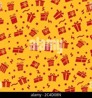 Motif vectoriel sans coutures avec cadeaux, confettis et étoiles. De nombreuses boîtes-cadeaux rouges de formes différentes sur fond orange. Peut être utilisé pour les cartes de Noël Illustration de Vecteur