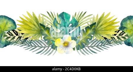 Feuilles tropicales . Répétition de la bordure horizontale d'été. Aquarelle florale. Compositions aquarelles pour la conception de cartes de vœux ou d'invitations Banque D'Images