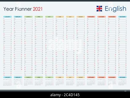 Calendrier de planification pour 2021. Organisateur mural, modèle de planificateur annuel. Illustration vectorielle. Mois verticaux. Une page. Ensemble de 12 mois. Illustration de Vecteur