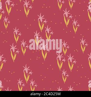 Prairie abstraite, motif de jardin avec un type de fleur avec texture. Plantes roses et jaunes sur fond rouge. Toile de fond fleurie. Modèle transparent. Illustration de Vecteur