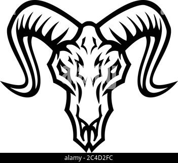 Illustration noire et blanche du crâne de mouton ou de bélier de Bighorn vu de l'avant sur un arrière-plan isolé dans un style rétro. Illustration de Vecteur