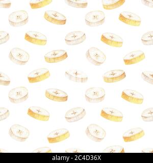 Tranche de banane aquarelle clipart. Papier numérique d'été pour fruits tropicaux. Illustration de motif sans couture dessiné à la main pour le textile, les tissus, les graphiques, k Banque D'Images