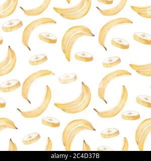 Papier numérique d'été aquarelle banane. Fruits tropicaux sans coutures. Illustration peinte à la main isolée sur fond blanc. Banque D'Images