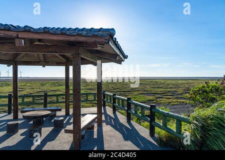 Sentier touristique de Gaomei Wetlands, un lieu touristique populaire dans le quartier de Qingshui. Taichung, Taïwan Banque D'Images