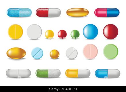 Ensemble de pilules et capsules de couleur de style réaliste isolées sur fond blanc. Illustration du vecteur de concept médical et de santé Illustration de Vecteur