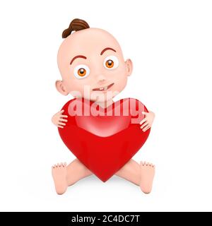 Dessin animé mignon bébé garçon assis avec coeur rouge dans ses mains sur un fond blanc. Rendu 3d Banque D'Images