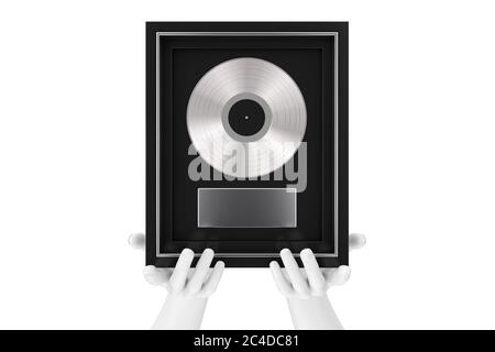 Résumé mains de mannequin tenant platine ou argent vinyle ou CD prix avec étiquette en noir cadre sur un fond blanc. Rendu 3d Banque D'Images