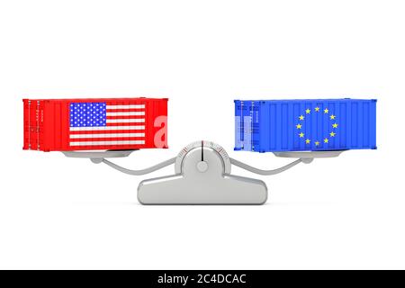 Concept d'expédition. Conteneurs d'expédition avec drapeaux des États-Unis et de l'Union européenne en équilibre sur une simple échelle de pondération sur un fond blanc. Rendu 3d Banque D'Images