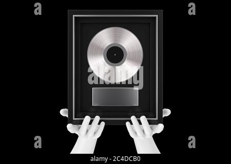 Résumé mains de mannequin tenant platine ou argent vinyle ou CD prix avec étiquette en noir cadre sur un fond noir. Rendu 3d Banque D'Images
