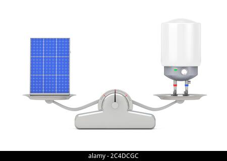 Chauffe-eau électrique automatique avec chauffe-eau solaire en équilibre sur une simple échelle de pondération sur fond blanc. Rendu 3d Banque D'Images