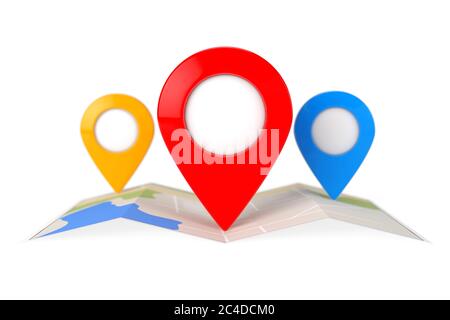 Carte de navigation abstraite pliée avec trois épingles de pointeur de carte cible sur fond blanc. Rendu 3d Banque D'Images