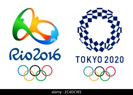 Kiev, Ukraine - 04 octobre 2019 : logos officiels des Jeux Olympiques d'été 2020 à Tokyo, Japon et Jeux Olympiques 2016 à Rio, Brésil, imprimés sur pa Banque D'Images