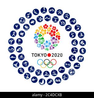 Kiev, Ukraine - 04 octobre 2019 : logo de la ville candidate de Tokyo pour les Jeux Olympiques d'été 2020 avec des icônes officielles de types de sport à Tokyo, Japon, f Banque D'Images