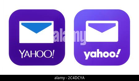 Kiev, Ukraine - 02 novembre 2019: Collection d'anciennes et nouvelles icônes Yahoo Mail imprimées sur le livre blanc Banque D'Images