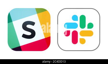 Kiev, Ukraine - 02 novembre 2019: Les anciennes et nouvelles icônes de l'application Slack, imprimé sur le livre blanc. Slack est une plateforme de messagerie instantanée propriétaire basée sur le cloud Banque D'Images