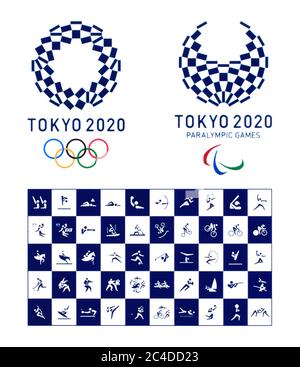 Kiev, Ukraine - 04 octobre 2019 : logo officiel des Jeux Olympiques d'été 2020 avec des icônes officielles de types de sport à Tokyo, Japon, à partir de juillet 24 t Banque D'Images
