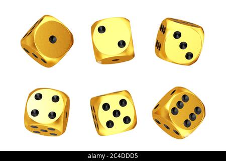 Concept de jeu de casino. Ensemble de cubes de dés Golden Game en positions différentes sur un fond blanc. Rendu 3d Banque D'Images