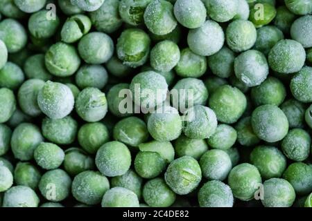 De haut en bas, petit foyer de petits pois fraîchement cueillis du jardin ayant été congelés une fois cueillis. Vu retiré d'un congélateur, prêt à être emballé et vendu. Banque D'Images