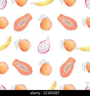 Clipart de fruits tropicaux aquarelle. Papier numérique à motif transparent papaye, mangue, banane et abricot isolé sur blanc. Banque D'Images