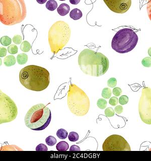 Clipart de fruits aquarelle. Papier numérique peint à la main. Raisins, poire, prune, abricot sans couture motif isolé sur blanc. Éléments graphiques de cuisine, wallpap d'été Banque D'Images