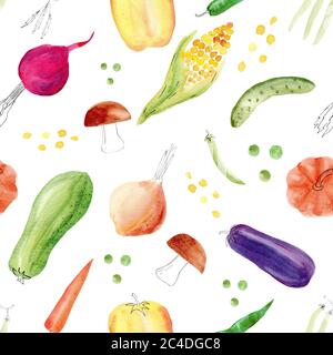 Poivre, maïs, épis, aubergine, champignons, pois, citrouille, légumes clipart. Papier numérique aquarelle. Banque D'Images