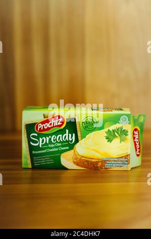 Éditorial illustratif de la marque indonésienne Prochiz et de son fromage cheddar traité Sprady isolé dans un fond de bois. Banque D'Images