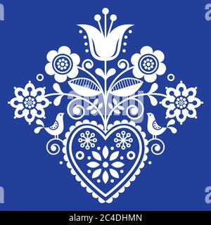 Scandinave rétro art folklorique floral, dessin vectoriel blanc sur bleu marine, motif nordique avec oiseaux et fleurs Illustration de Vecteur