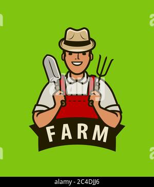 Logo ou étiquette de l'exploitation. Joyeux agriculteur avec l'illustration vectorielle des outils de jardin Illustration de Vecteur