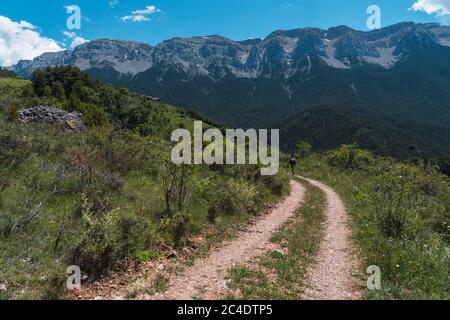 Jeune photographe masculin avec sac à dos, randonneur, marchant dans les montagnes, à l'intérieur de la forêt sauvage tout en regardant le Cadi Moixero, Pyrénées. Banque D'Images