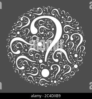Cercle de points d'interrogation. Illustration vectorielle blanche sur fond gris foncé. Thème du quiz. Illustration de Vecteur