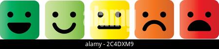 Émoticônes de base définies en carré avec coins arrondis. Cinq expressions faciales de l'échelle de rétroaction - de positif à négatif. Icônes vectorielles colorées simples. Illustration de Vecteur