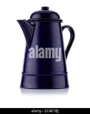 Cafetière bleu émaillé de style rétro, isolée sur du blanc avec une légère ombre portée Banque D'Images