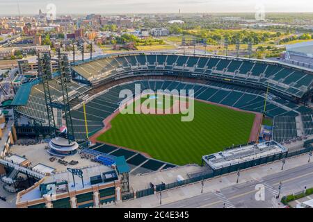 Detroit, Michigan - le parc Comerica, qui abrite les Detroit Tigers, est vide en raison de la pandémie du coronavirus. Banque D'Images