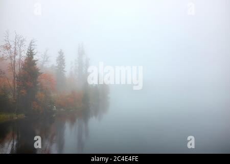 Lac d'automne brumeux avec arbres colorés et eau de réflexion. Lac Strbske pleso dans un brouillard dense et mystérieux. Photo pittoresque de la haute Tatras Na Banque D'Images
