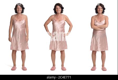 diverses photos de la même femme avec la chemise de nuit sur fond blanc, vue de face Banque D'Images