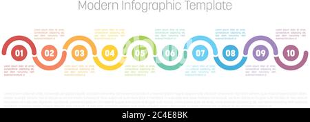 diagramme d'infographie moderne du processus en 10 étapes. Modèle graphique de cercles et de courbes. Concept commercial de 10 étapes ou options. Elément vectoriel de conception moderne de différentes couleurs avec des étiquettes. Illustration de Vecteur
