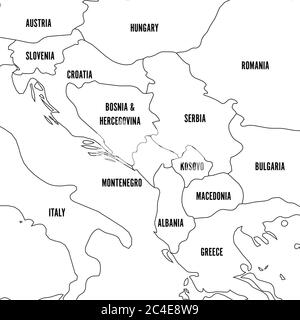 Carte politique des Balkans - Etats de la péninsule des Balkans. Contour noir simple et plat avec étiquettes de nom de pays noires. Illustration de Vecteur