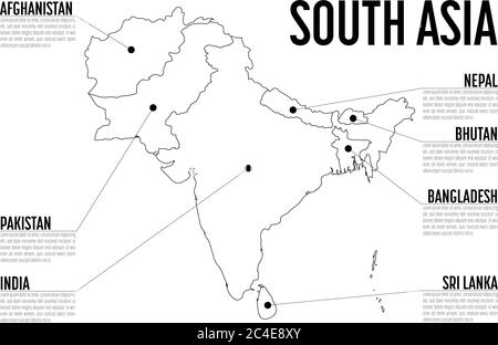 Carte graphique de l'Asie du Sud. Modèle moderne avec texte en noir et blanc. Illustration vectorielle. Illustration de Vecteur