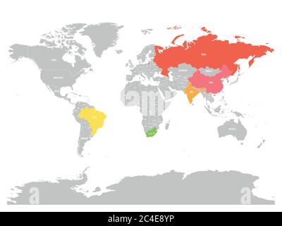 Carte du monde avec les pays membres des BRICS - association de cinq grandes économies nationales émergentes - Brésil, Russie, Inde, Chine et Afrique du Sud. Illustration de Vecteur