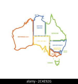 Carte simplifiée de l'Australie divisée en États et territoires. Carte vectorielle à plan vectoriel multicolore. Illustration de Vecteur