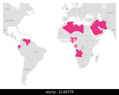 OPEP, Organisation des pays exportateurs de pétrole. Carte du monde avec Etats membres surlignés en rose depuis 2017. Illustration vectorielle. Illustration de Vecteur