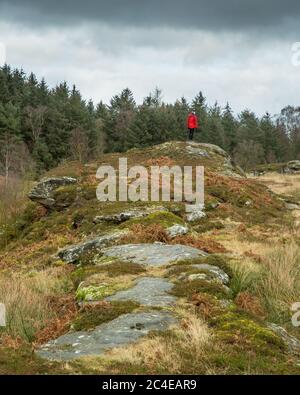 Homme en manteau rouge debout dans le paysage rocheux. Banque D'Images